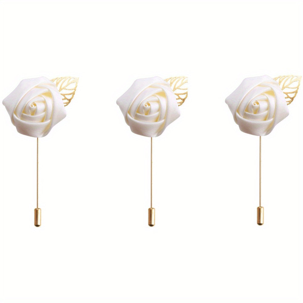 HAOSHICS 3Pcs Artificial Rose Flower Pins For Men Groom Suit Lapel