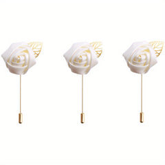 HAOSHICS 3Pcs Artificial Rose Flower Pins For Men Groom Suit Lapel