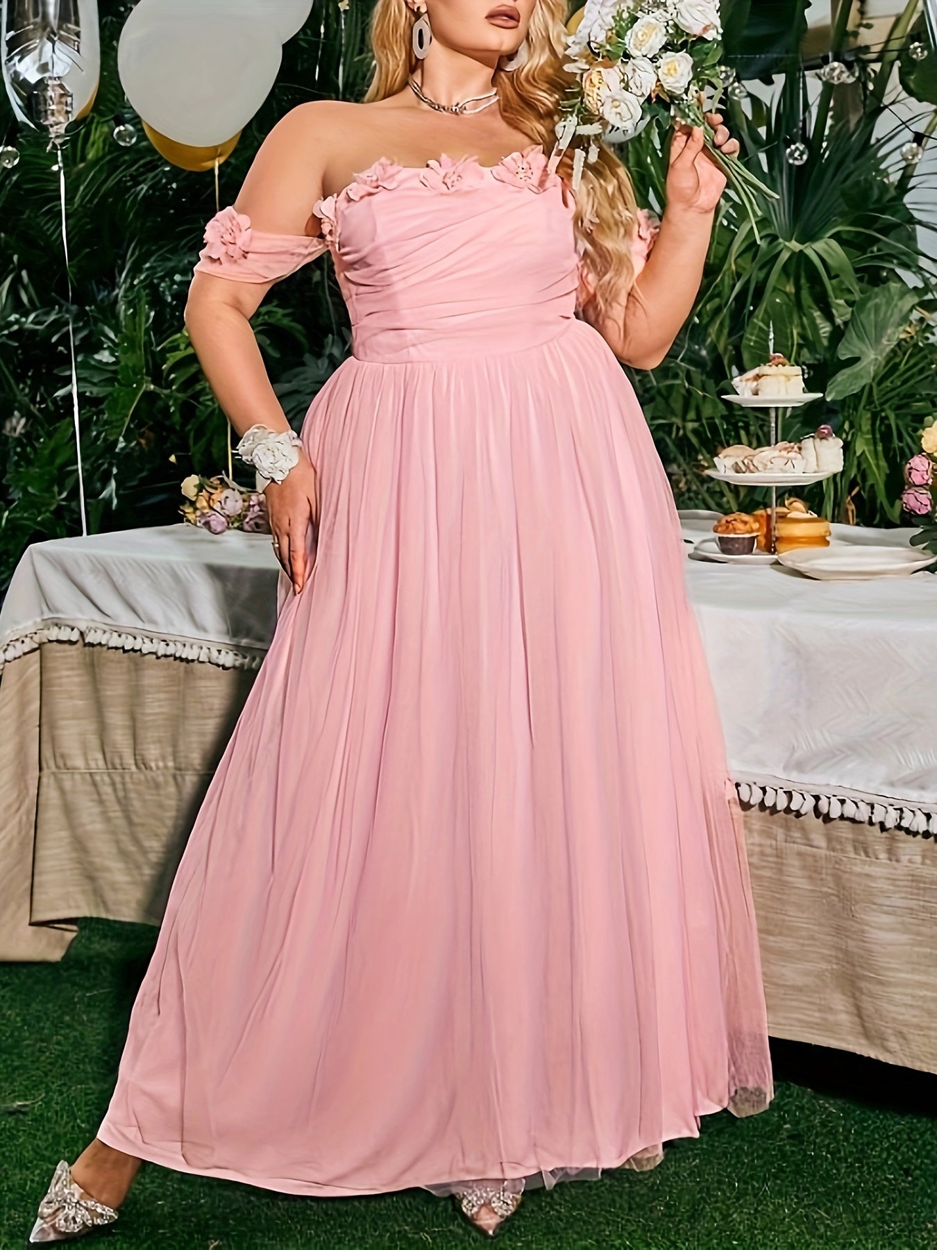  Mesh Off Shoulder Floral Maxi Bridesmaid Dress