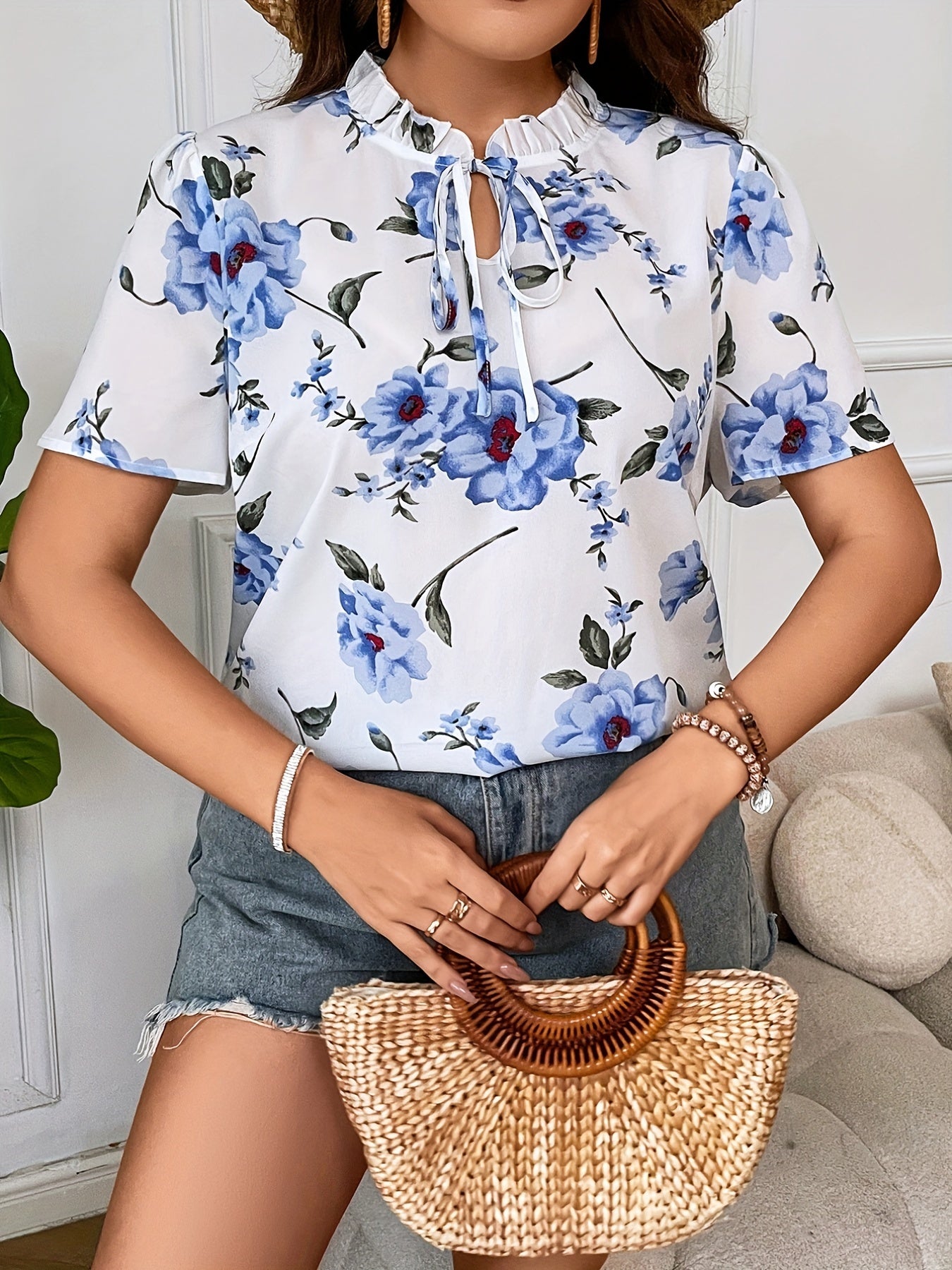  Floral Print Stand Neck Blouse