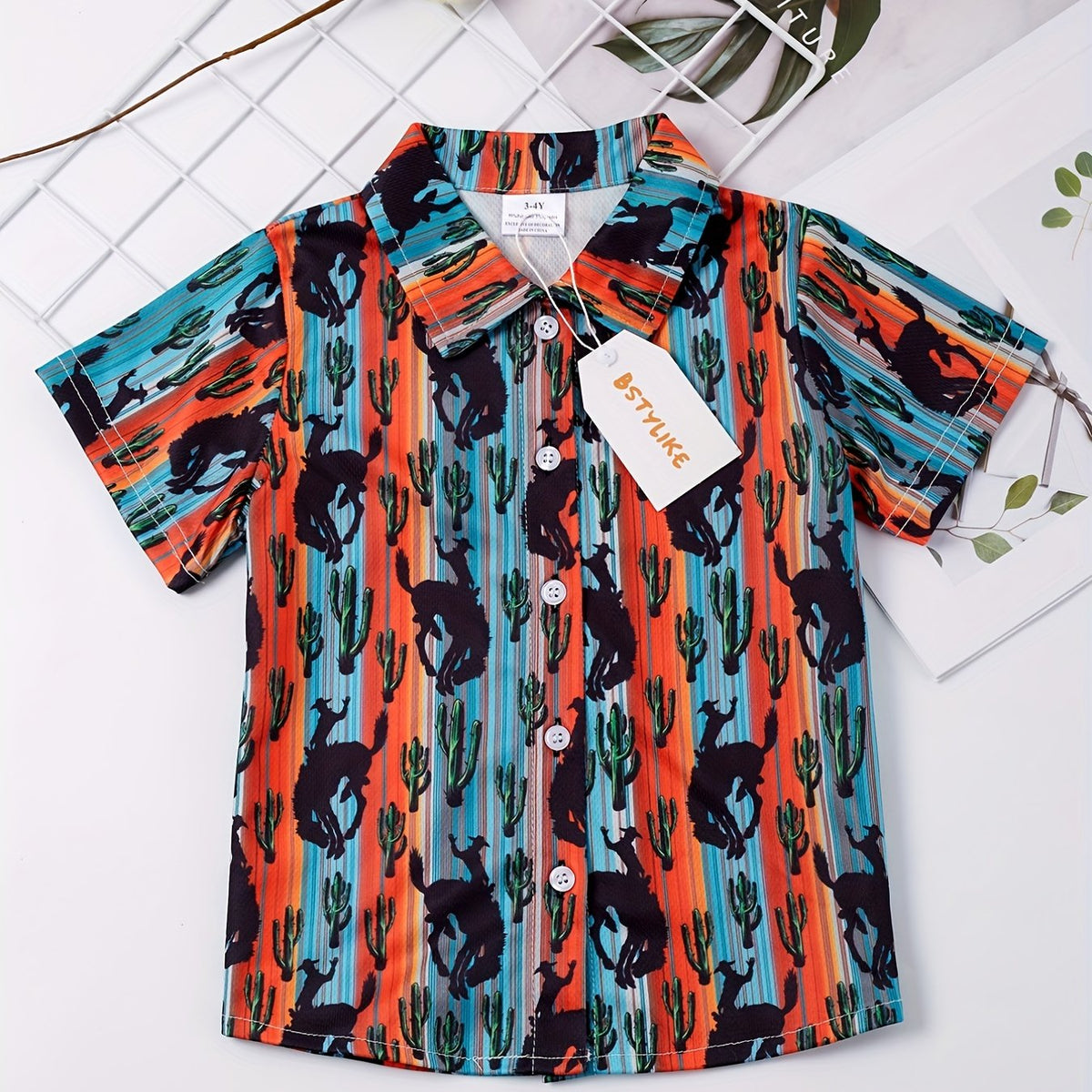 Boys Bull Cactus Striped Short Sleeve Button Down Shirt Casual Summer Clothes