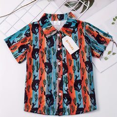Boys Bull Cactus Striped Short Sleeve Button Down Shirt Casual Summer Clothes