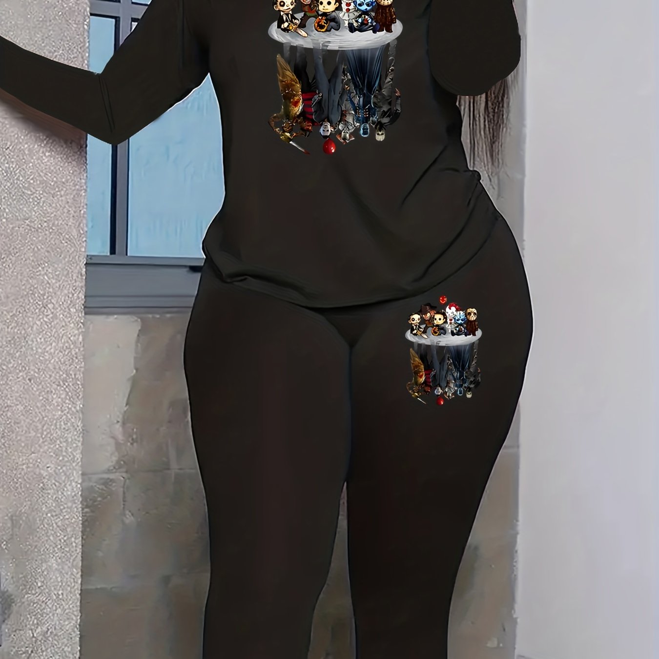  Horror Print Long Sleeve Top & Leggings Set