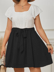  Eyelet Embroidery Pleated Dress with Belt
