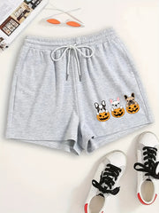 Women's Plus Pumpkin & Puppy Print Drawstring Elastic Waist Shorts