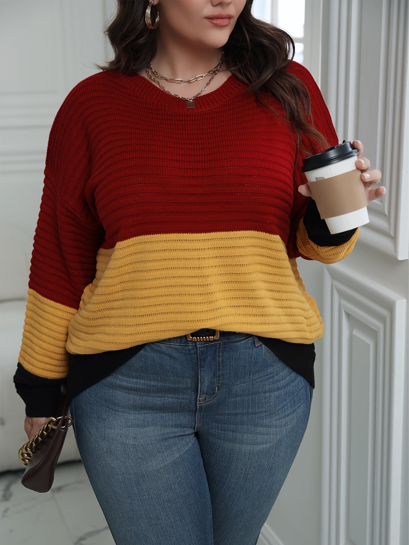  Colorblock Round Neck Sweater Women Long Sleeve Casual Jumper