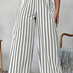  Stripe Print Paperbag Waist Wide Leg Trousers