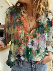 Allover Print Button Up Long Sleeve Blouse