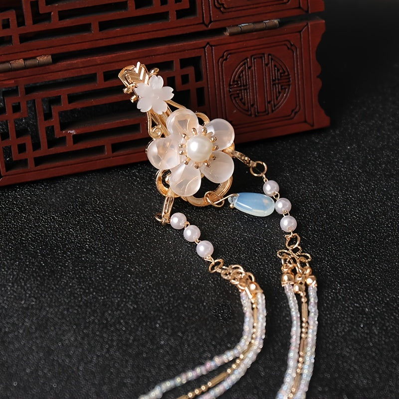 Vintage Chinese Style Hanfu Hair Clip with Faux Pearl Flower Leaf Beaded Tassel
