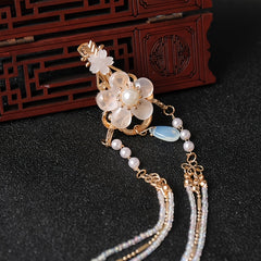 Vintage Chinese Style Hanfu Hair Clip with Faux Pearl Flower Leaf Beaded Tassel
