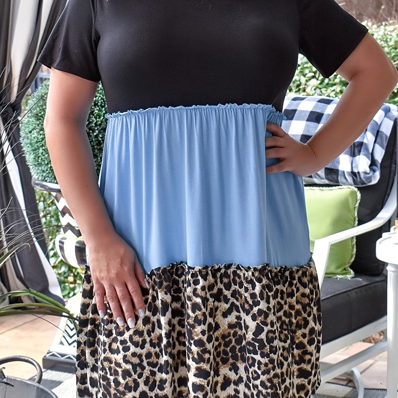  Colorblock Leopard Print Short Sleeve Dress