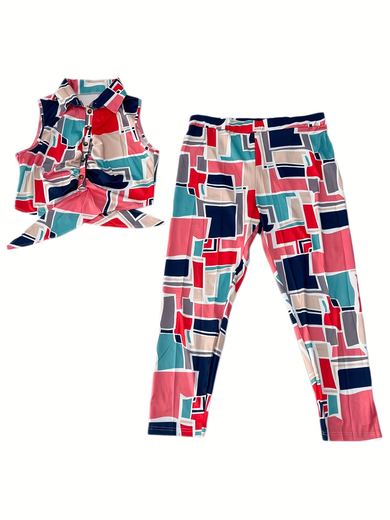  Geometric Print Button Up Tank Top & Leggings Set