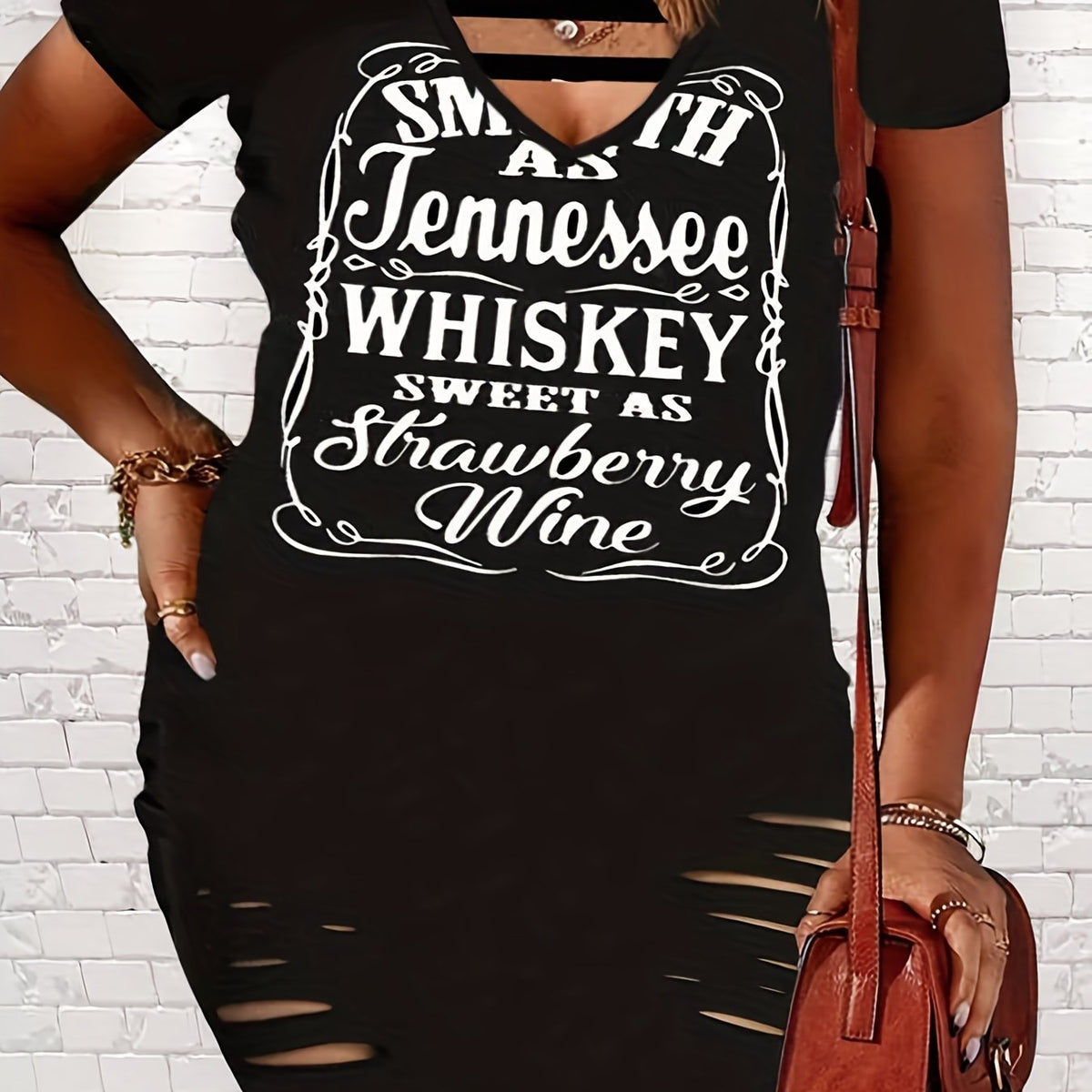  Slogan Print V Neck Cut Out Ripped Dress