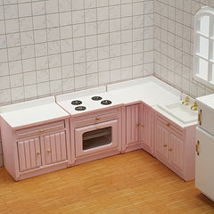 1:12 Scale Kitchen Set 4pcs Wooden Cabinets Sink Countertop Oven & Stove