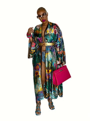  Retro Kimono Women's Plus Floral Print Batwing Sleeve Open Front Kimon
