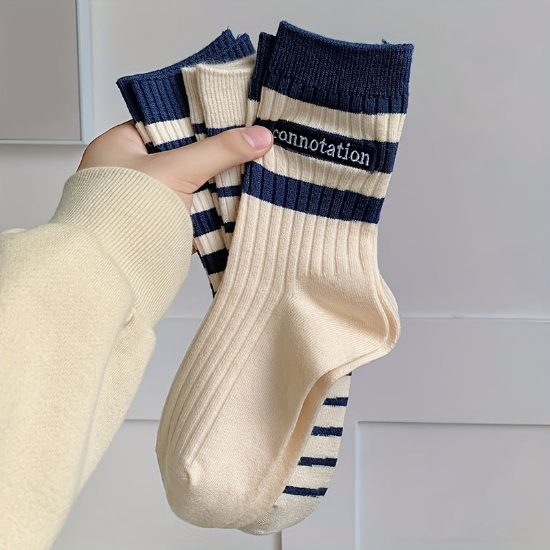 3 Pairs Striped Crew Socks Comfy & Breathable Mid Tube Socks