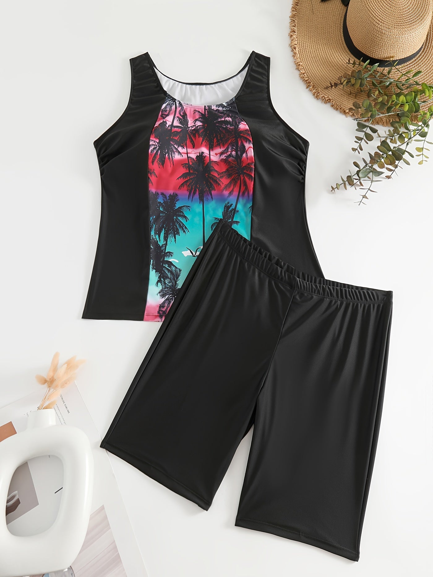  Sporty Tankini Set Contrast Tropical Print Tank Top