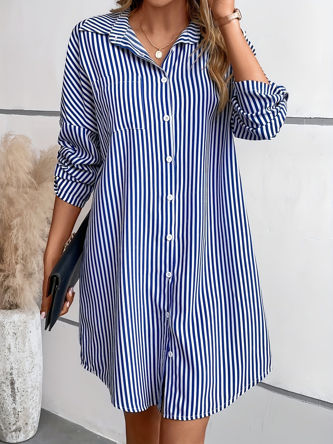 Casual Dress Women's Plus Stripe Print Drop Shoulder Long Sleeve