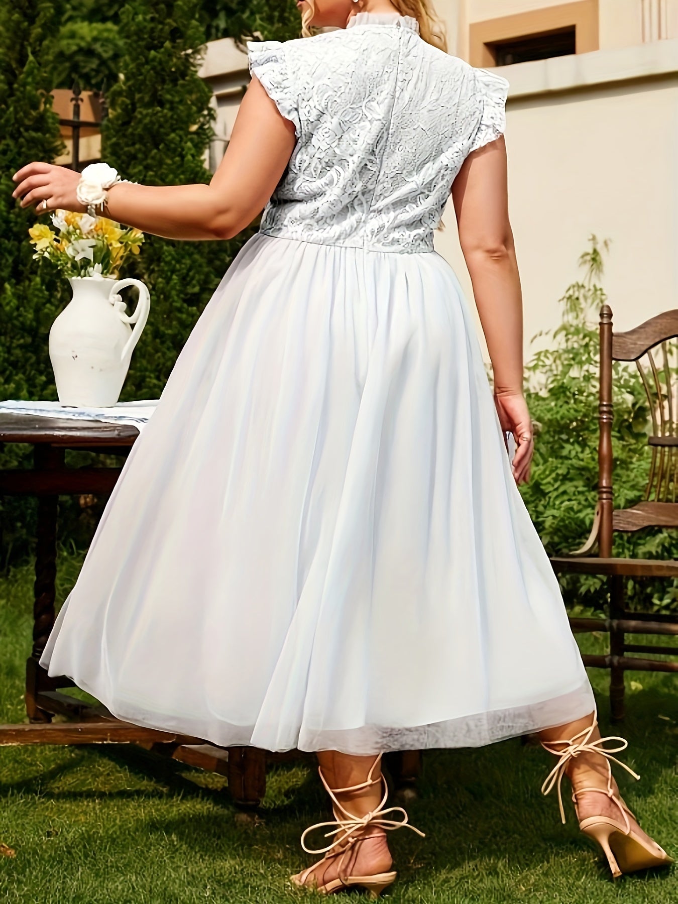  Contrast Lace Ruffle Trim Mesh Formal Party Dress