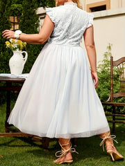  Contrast Lace Ruffle Trim Mesh Formal Party Dress
