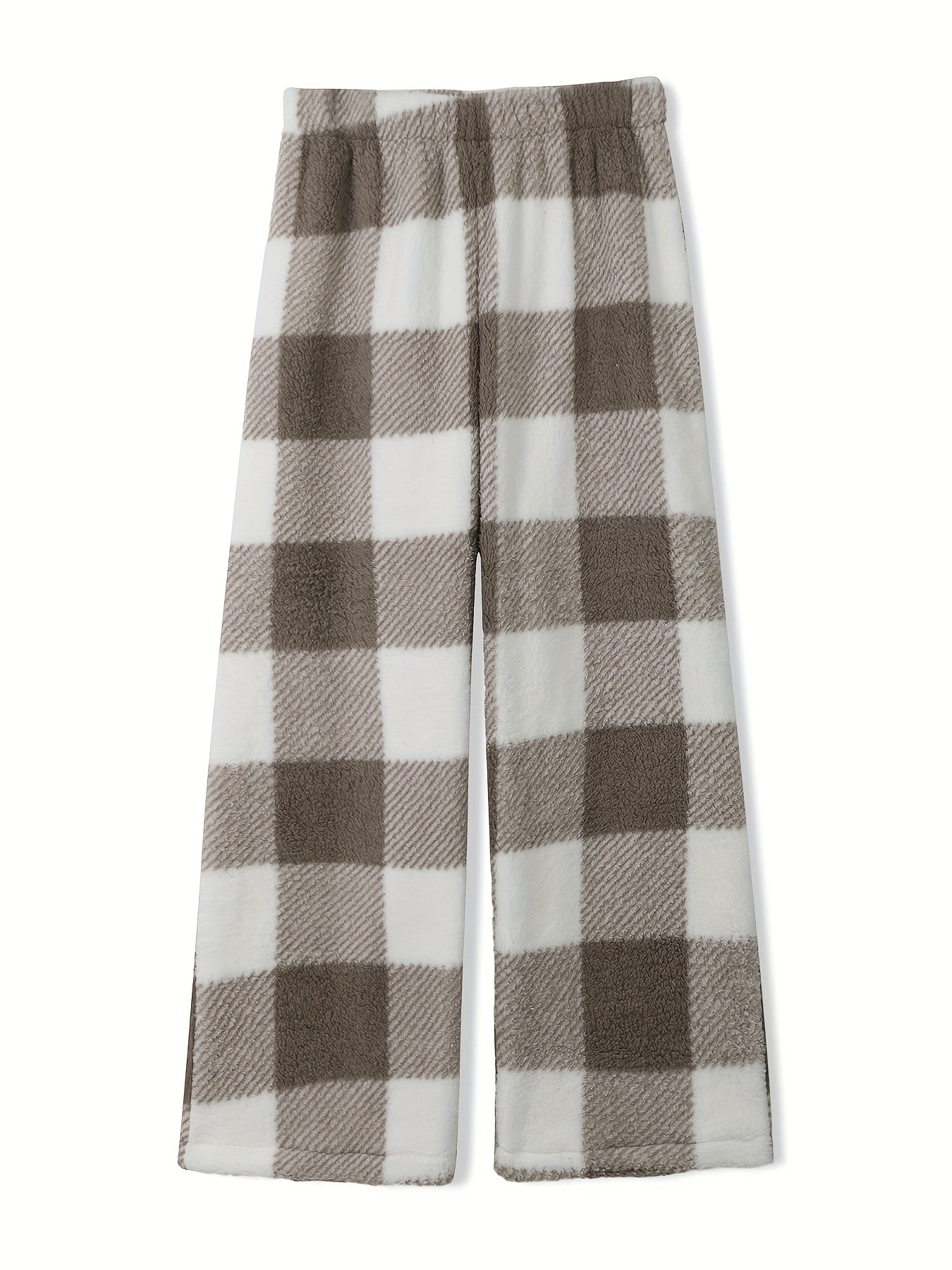 Women's Plus Plaid Print Fleece Elastic High Rise Wide Leg Pants