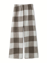 Women's Plus Plaid Print Fleece Elastic High Rise Wide Leg Pants