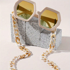 Large Geometric Sunglasses Casual Gradient Lens Glasses With Glasses Chain