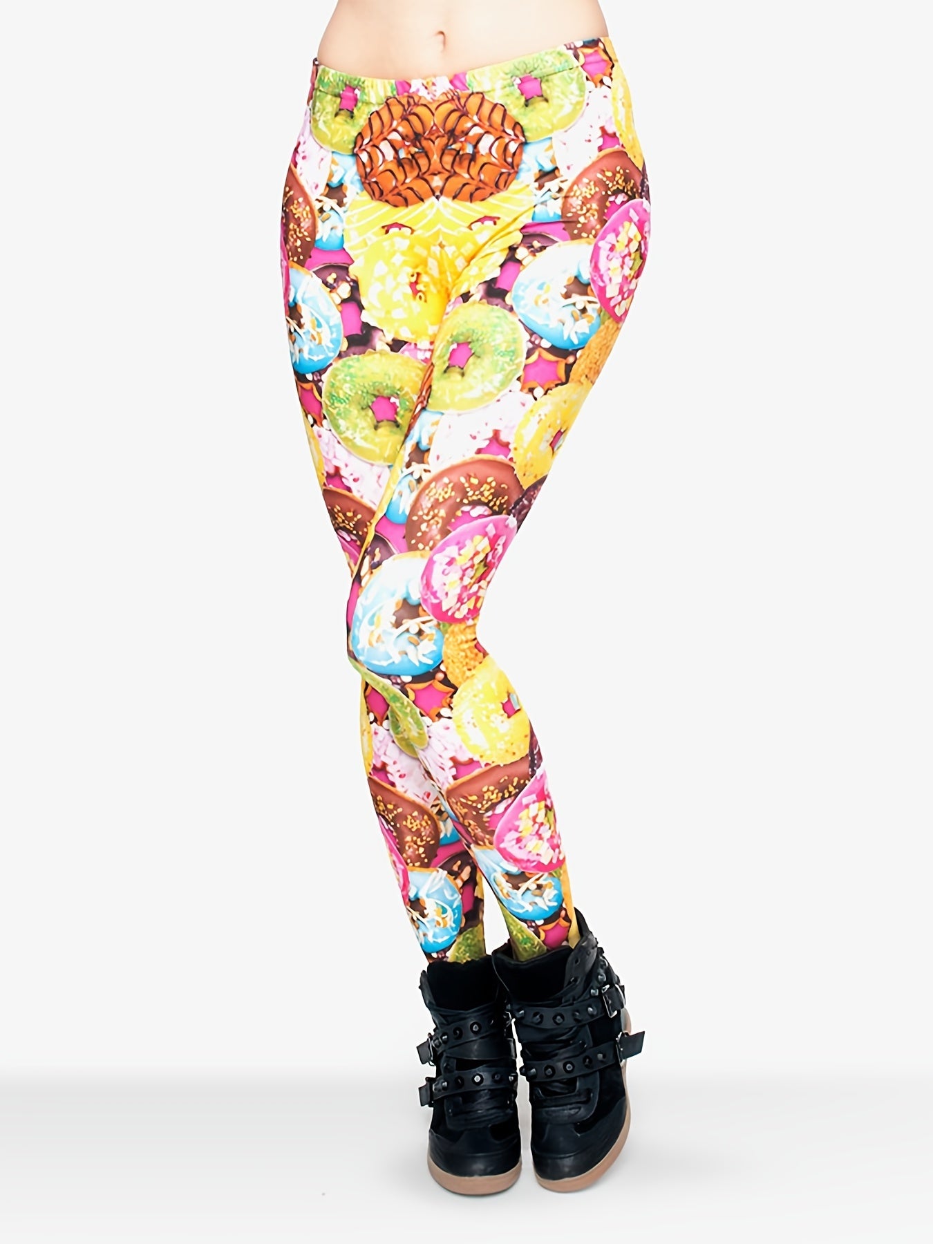 Colorful Donuts Print Skinny Leggings High Waist Stretchy Long Length