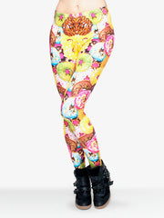 Colorful Donuts Print Skinny Leggings High Waist Stretchy Long Length