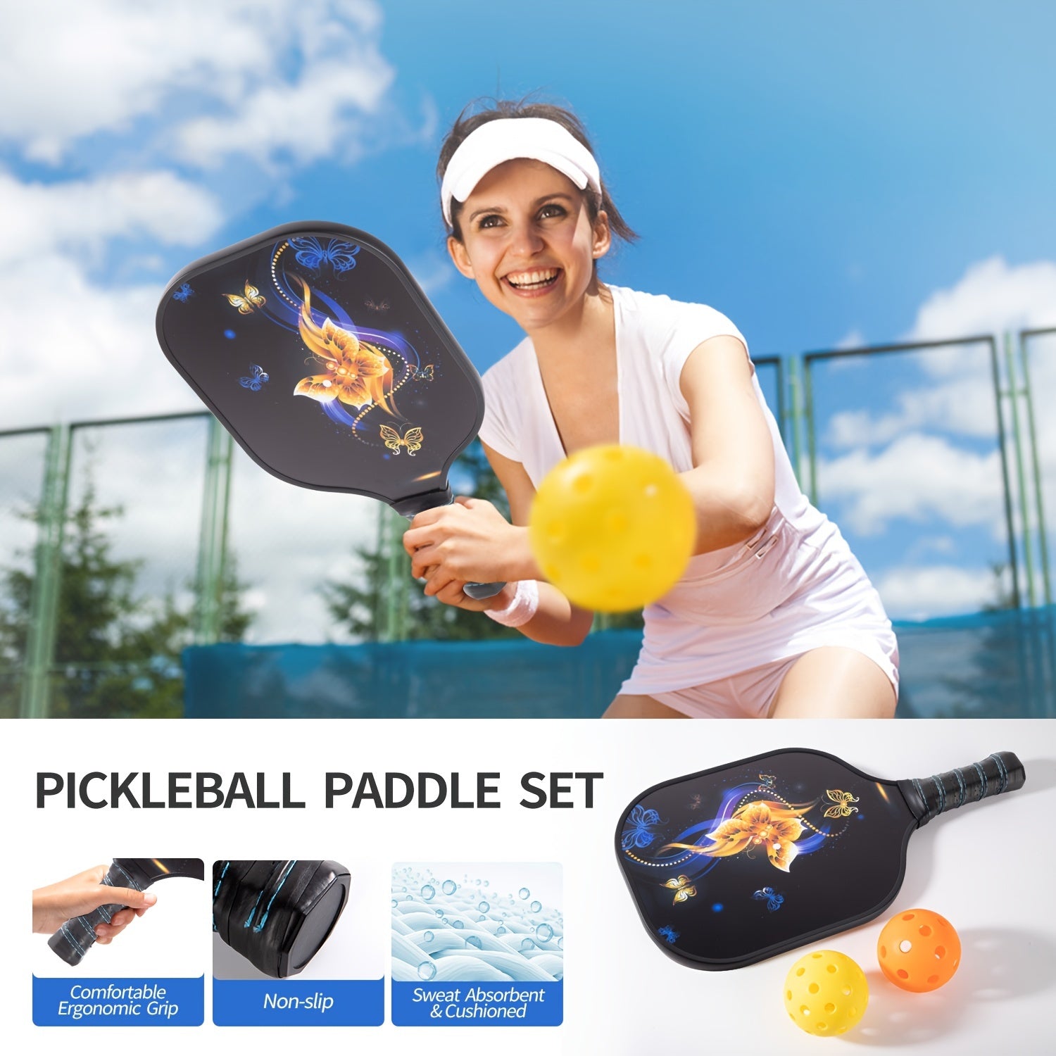 Lightweight Pickleball Paddle Set Fiberglass Surface Rackets 2pcs Balls Bag