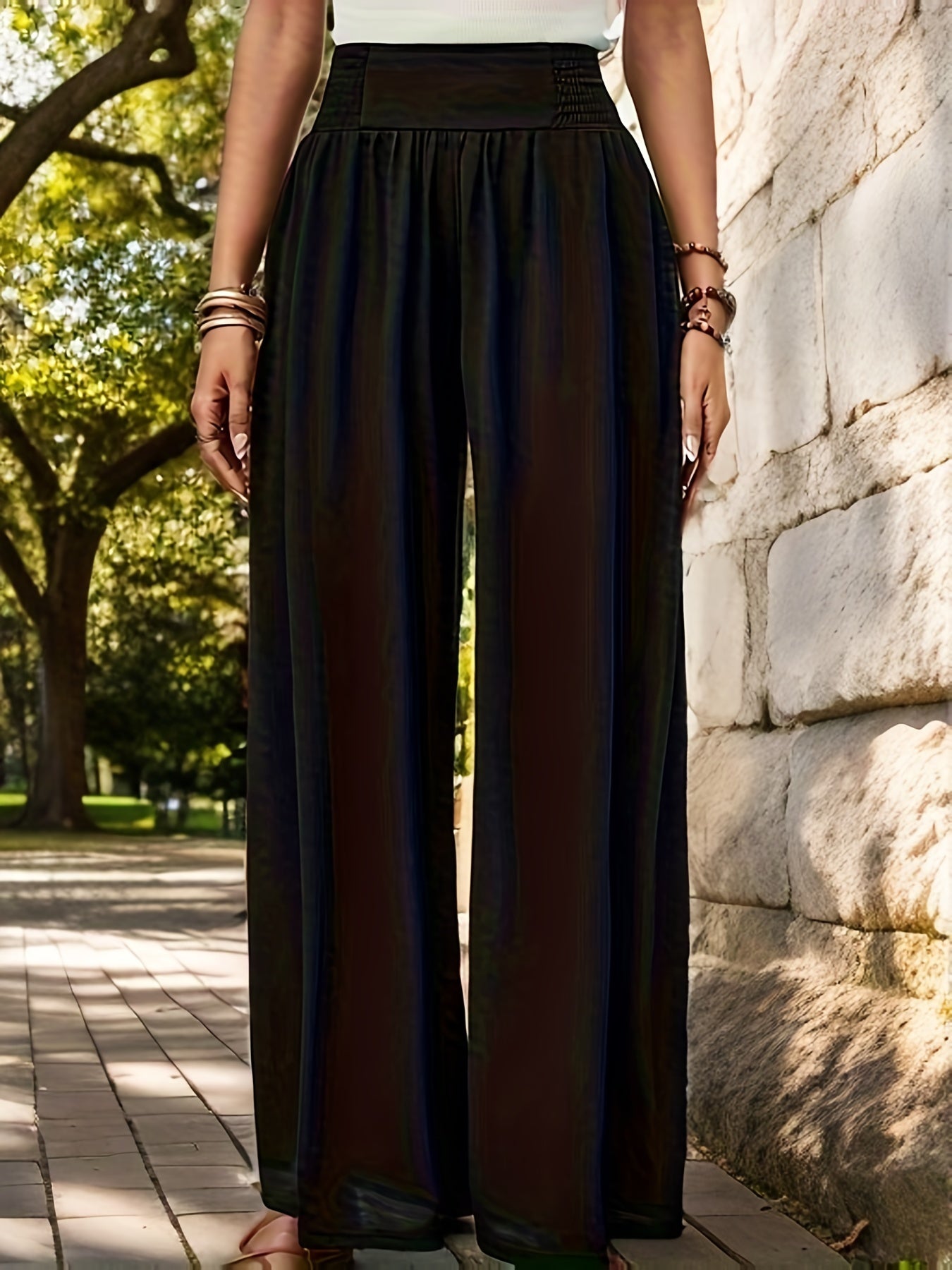 Women's Plus Shirred High Waisted Wide Leg Loose Trousers