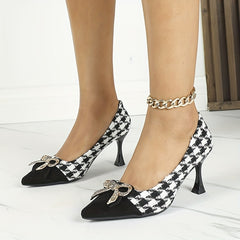 Women's Cap Toe Rhinestone Bow Houndstooth Stiletto Heels Pointed Toe Pumps