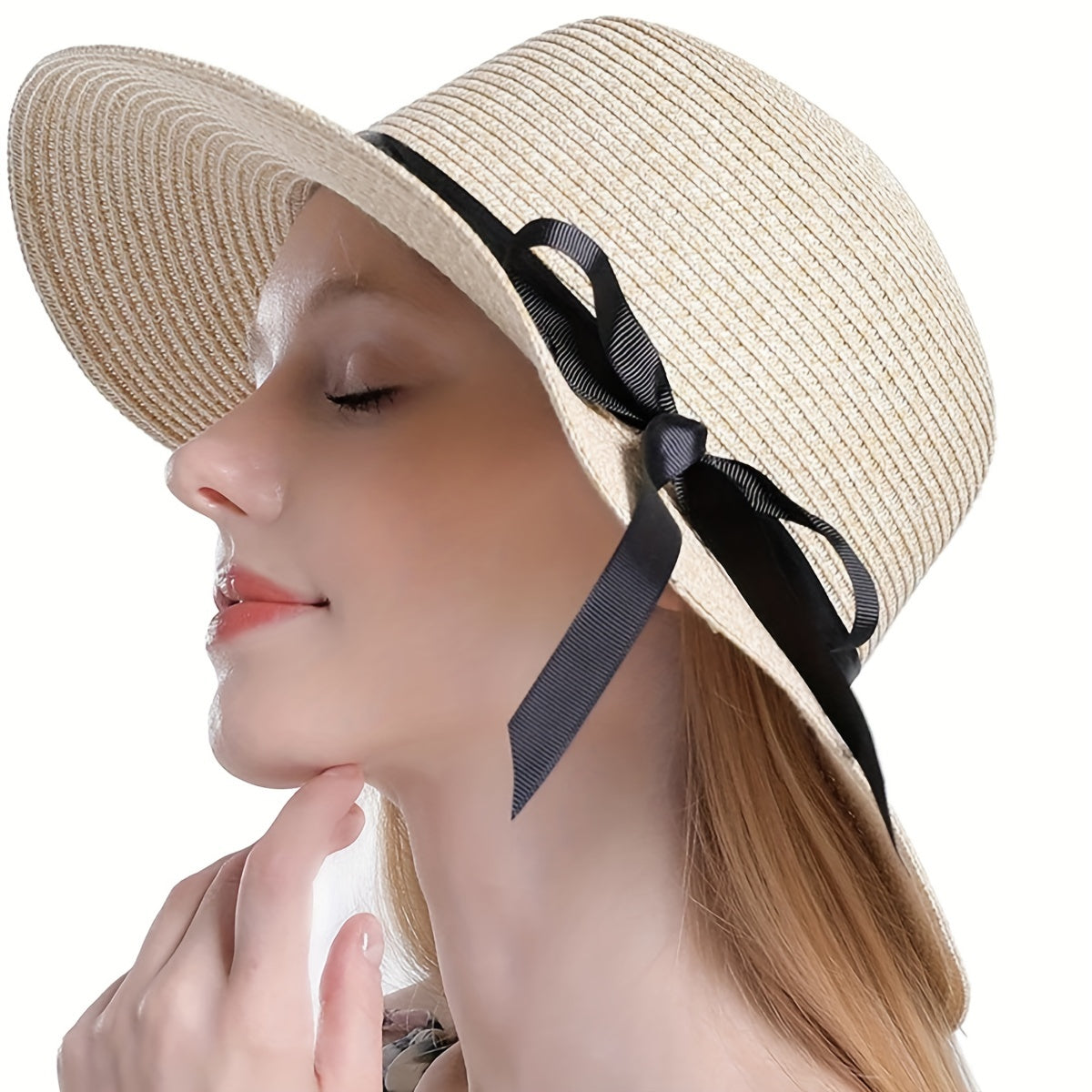 Straw Sun Hat Ribbon Bowknot Solid Sunscreen Beach Hats Floppy Foldable Cap