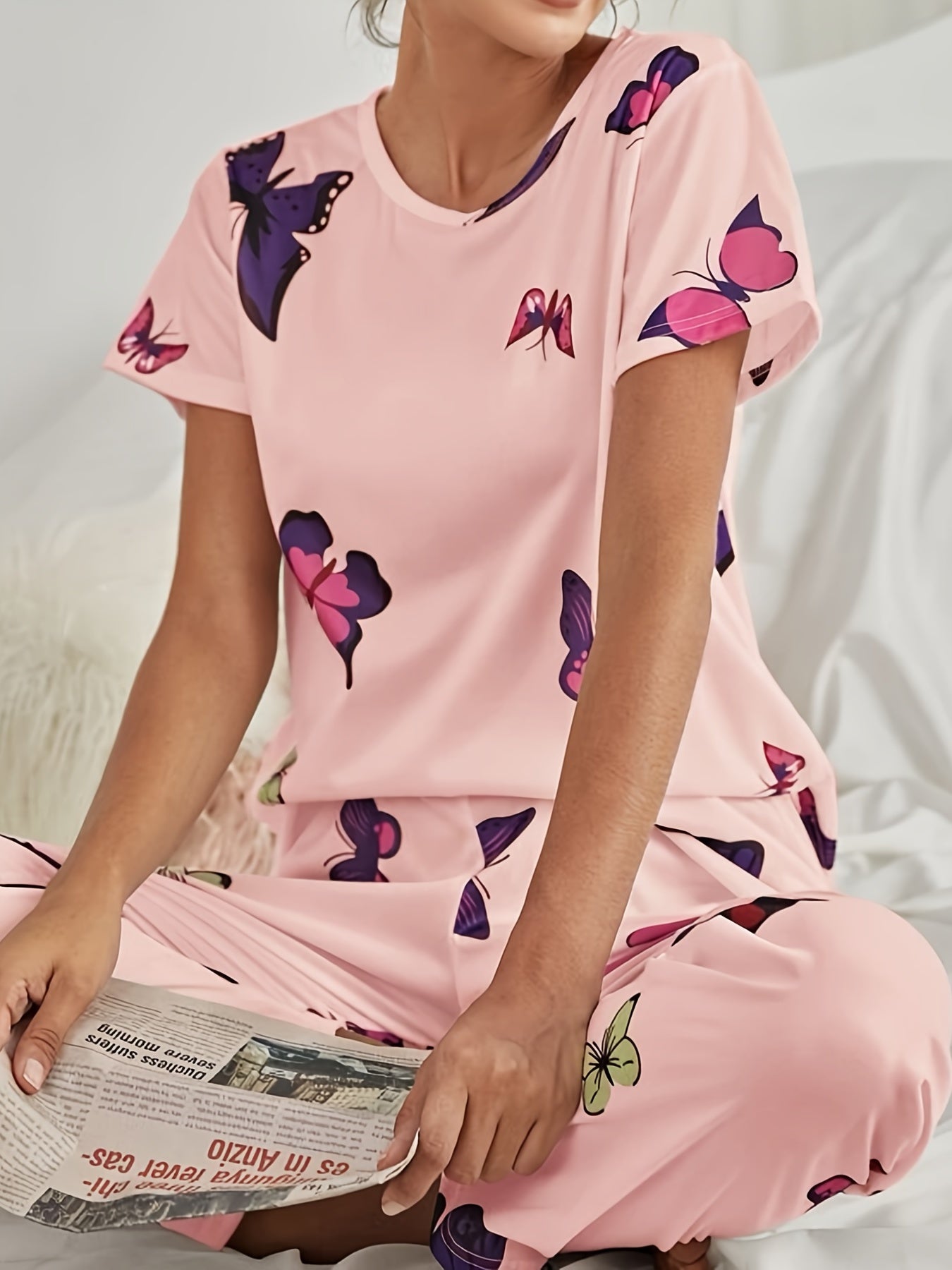 Butterfly Print Pajama Set Short Sleeve Top & Elastic Waistband Pants