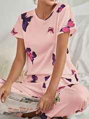 Butterfly Print Pajama Set Short Sleeve Top & Elastic Waistband Pants