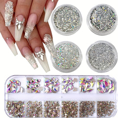 4 Boxes AB Crystal Nail Art Rhinestones Gemstones Pearls for Nails