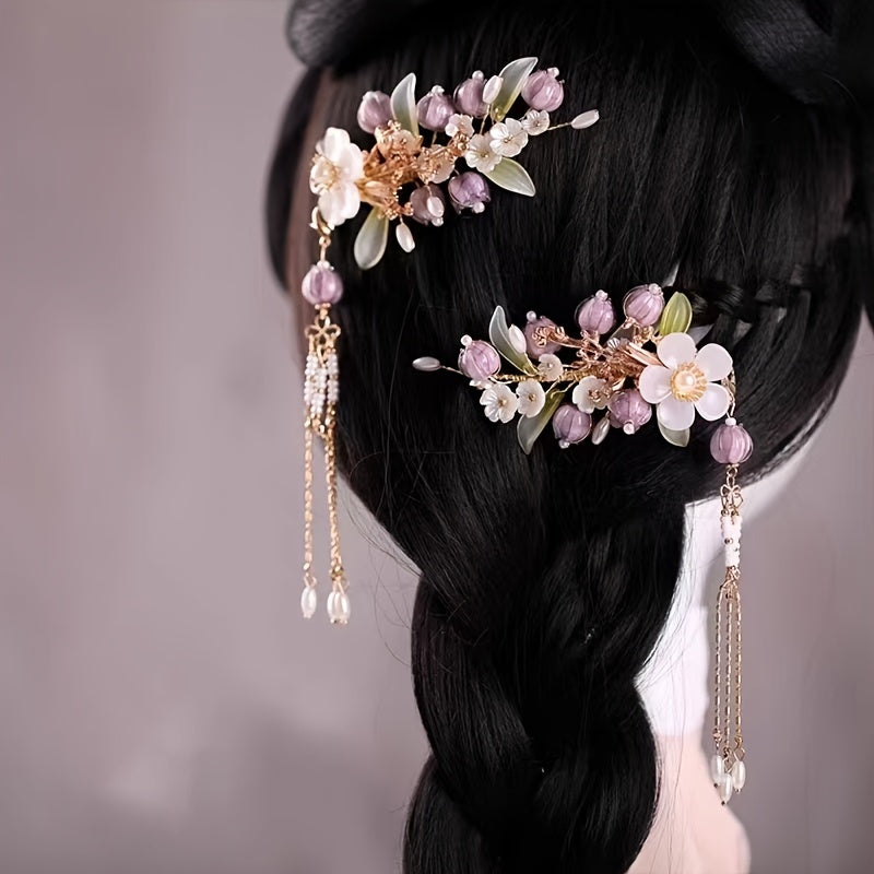 2PCS Vintage Hair Clip Chinese Style Hair Clip With Beads Tassel