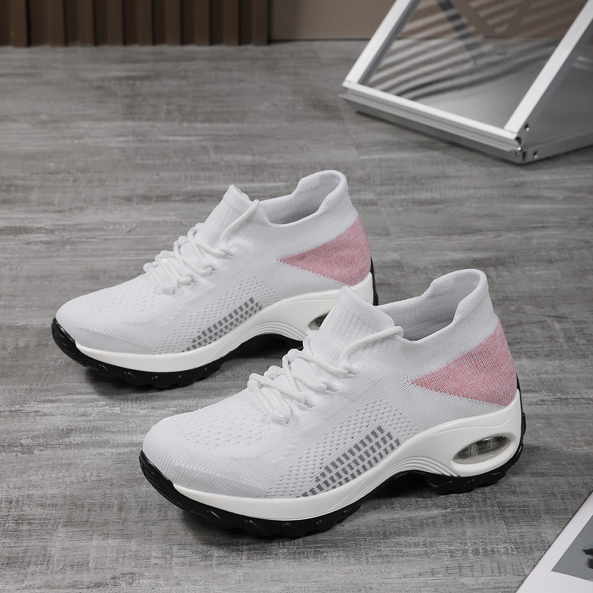 Women's Air Cushion Lace up Knit Socks Sneakers Comfort Platform Walking Shoes