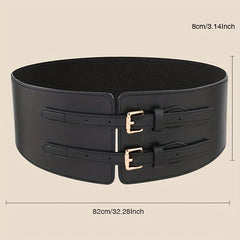 Double Rivet Belt Buckle Belt PU Wide Belt Elastic Waistband for Women
