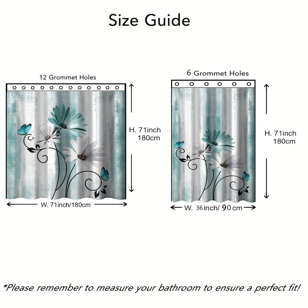 Waterproof Shower Curtain with Flower Pattern Bathroom Rug Set