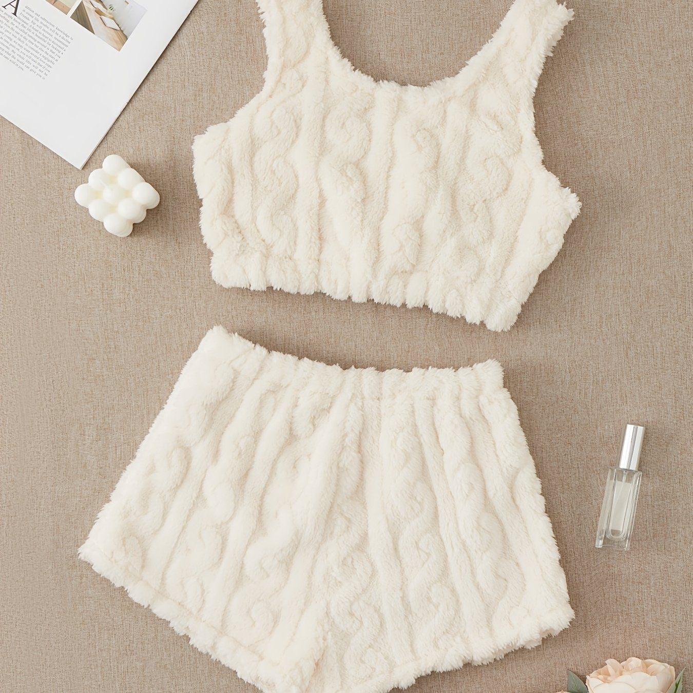 Flannel Pajama Set Sleeveless Crew Neck Top & Shorts Women's Sleepwear