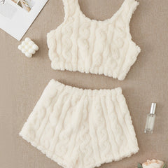 Flannel Pajama Set Sleeveless Crew Neck Top & Shorts Women's Sleepwear