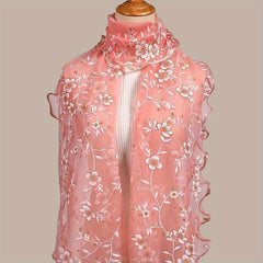 Ruffles Flower Embroidery Scarf Gauze Shawl for Spring & Summer