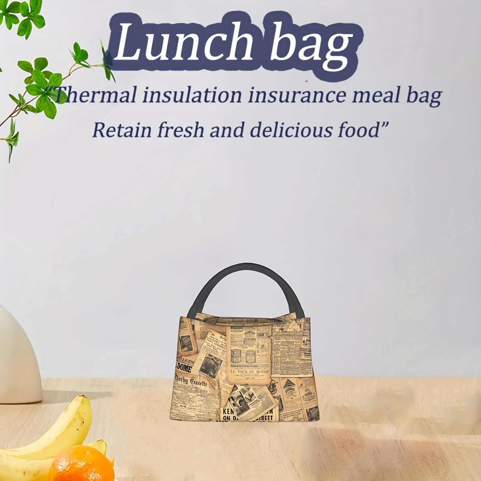 Vintage Newspaper Insulated Tote Bag Portable Reusable Cooler Lunch Bag