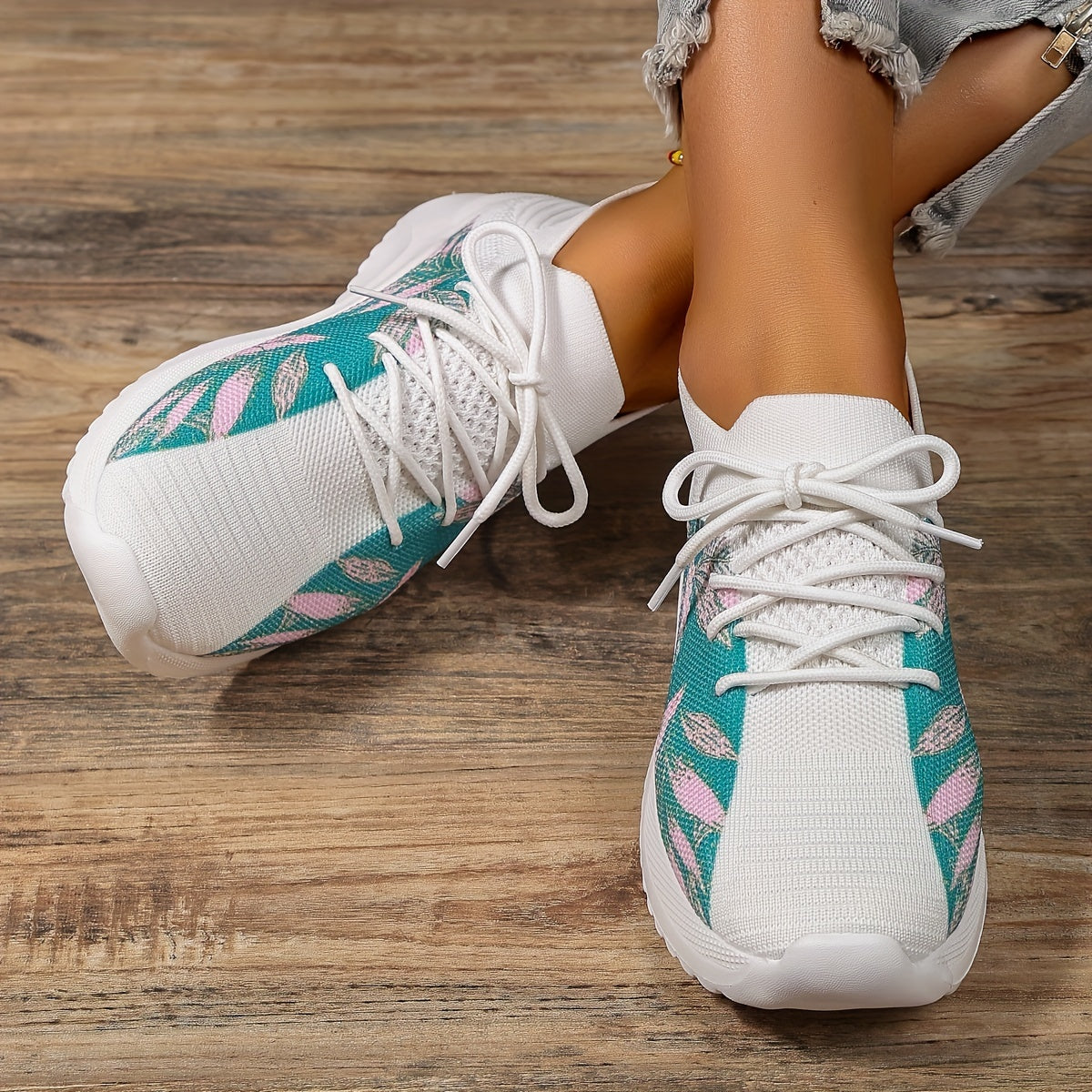 Women's Leaf Print Platform Sneakers Casual Lace Up Outdoor Shoes
