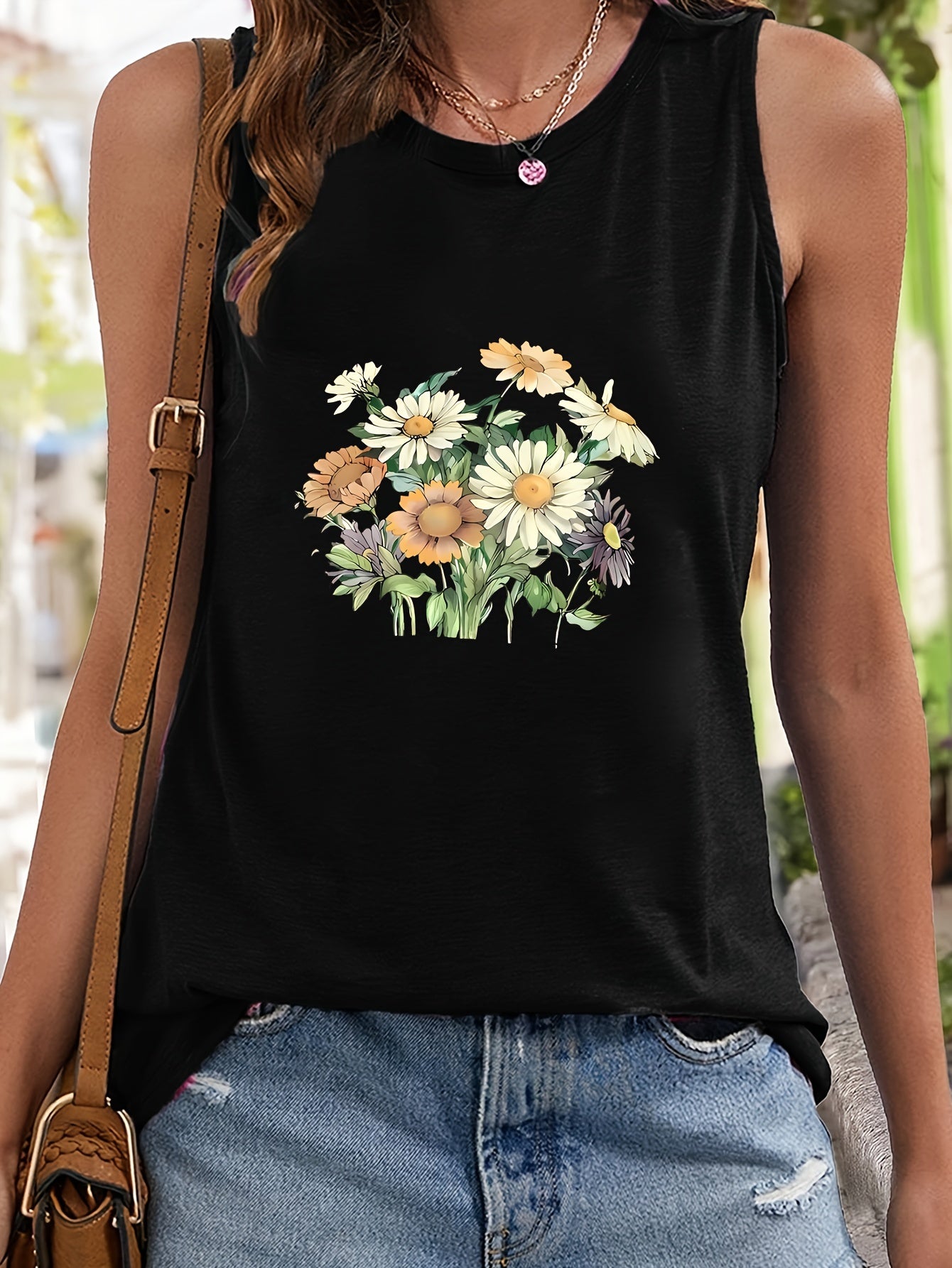 Sunflower Print Sleeveless Sports Vest Round Neck Stretchy Casual Tops