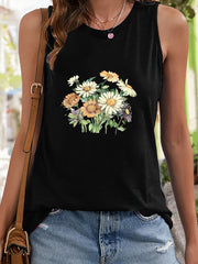 Sunflower Print Sleeveless Sports Vest Round Neck Stretchy Casual Tops