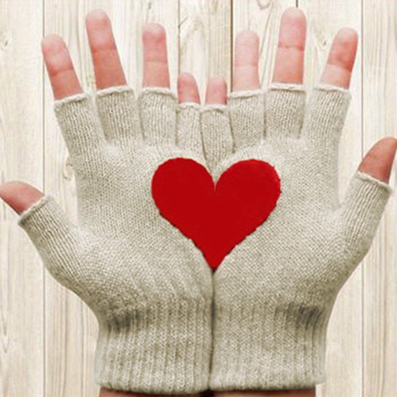 Khaki Half Finger Gloves Heart Patch Warmer Knit Gloves