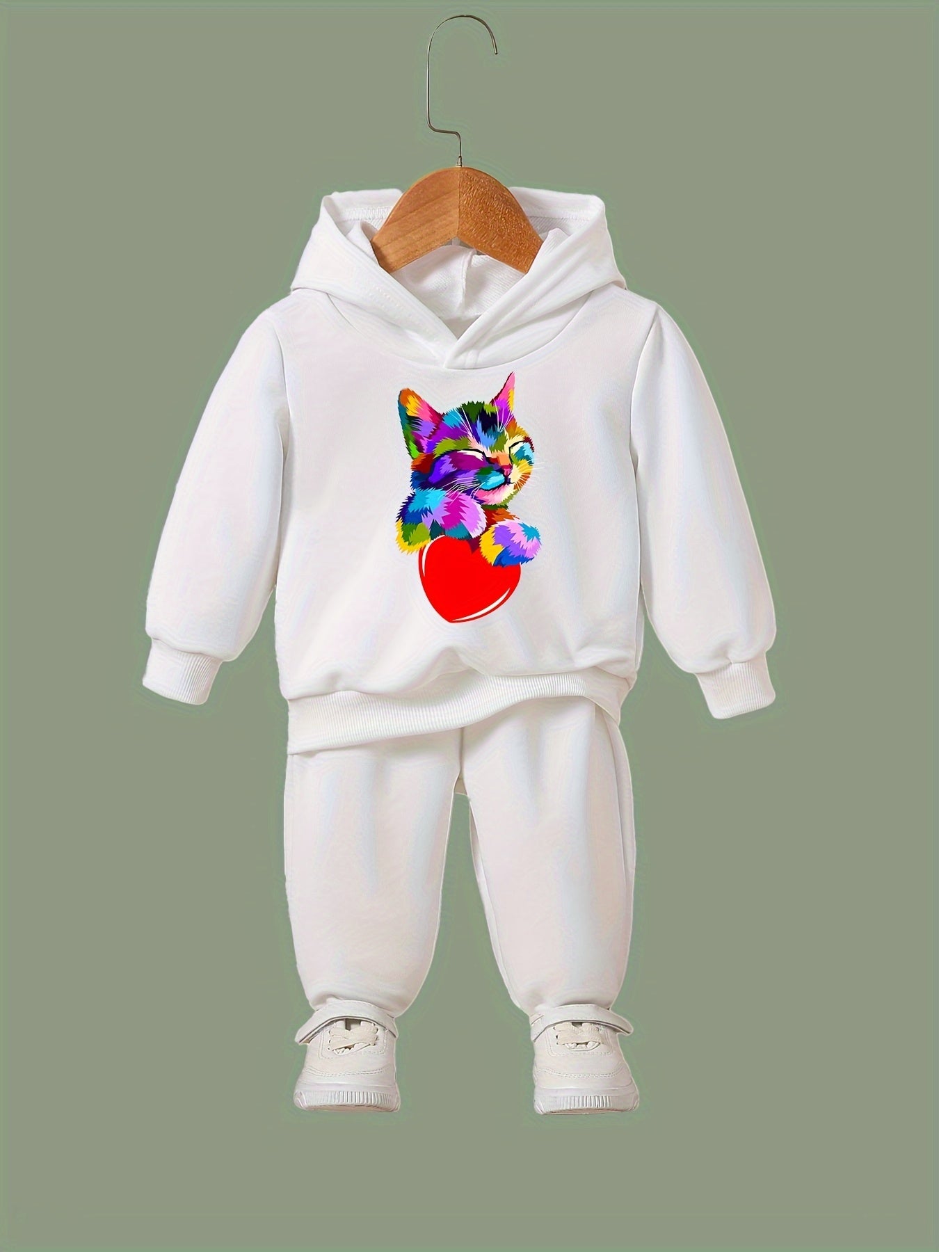 Girls 2pcs Cat Pattern Hooded Sweatshirt & Sweatpants Set