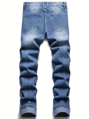 Men Chevron Embroidered Ripped Slim Straight Jeans